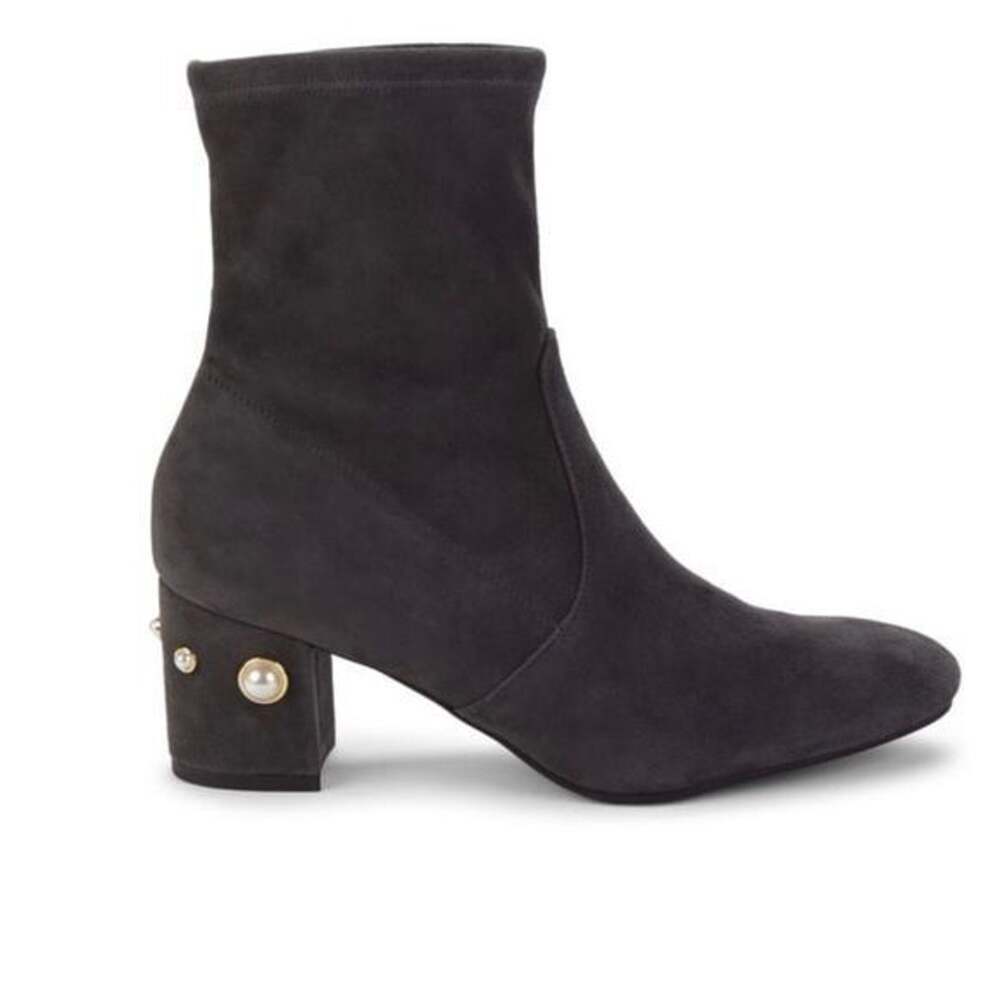 NEW STUART WEITZMAN Siggy Pearl Trim Suede Booties Sz 6 Gray block heel ankle